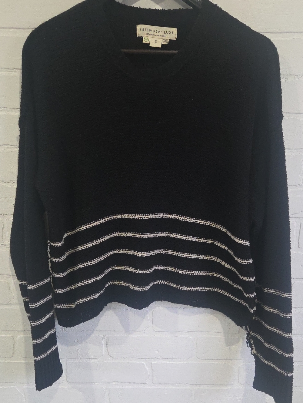 saltwater LUXE Black Crewneck Sweater with Cream Stripes